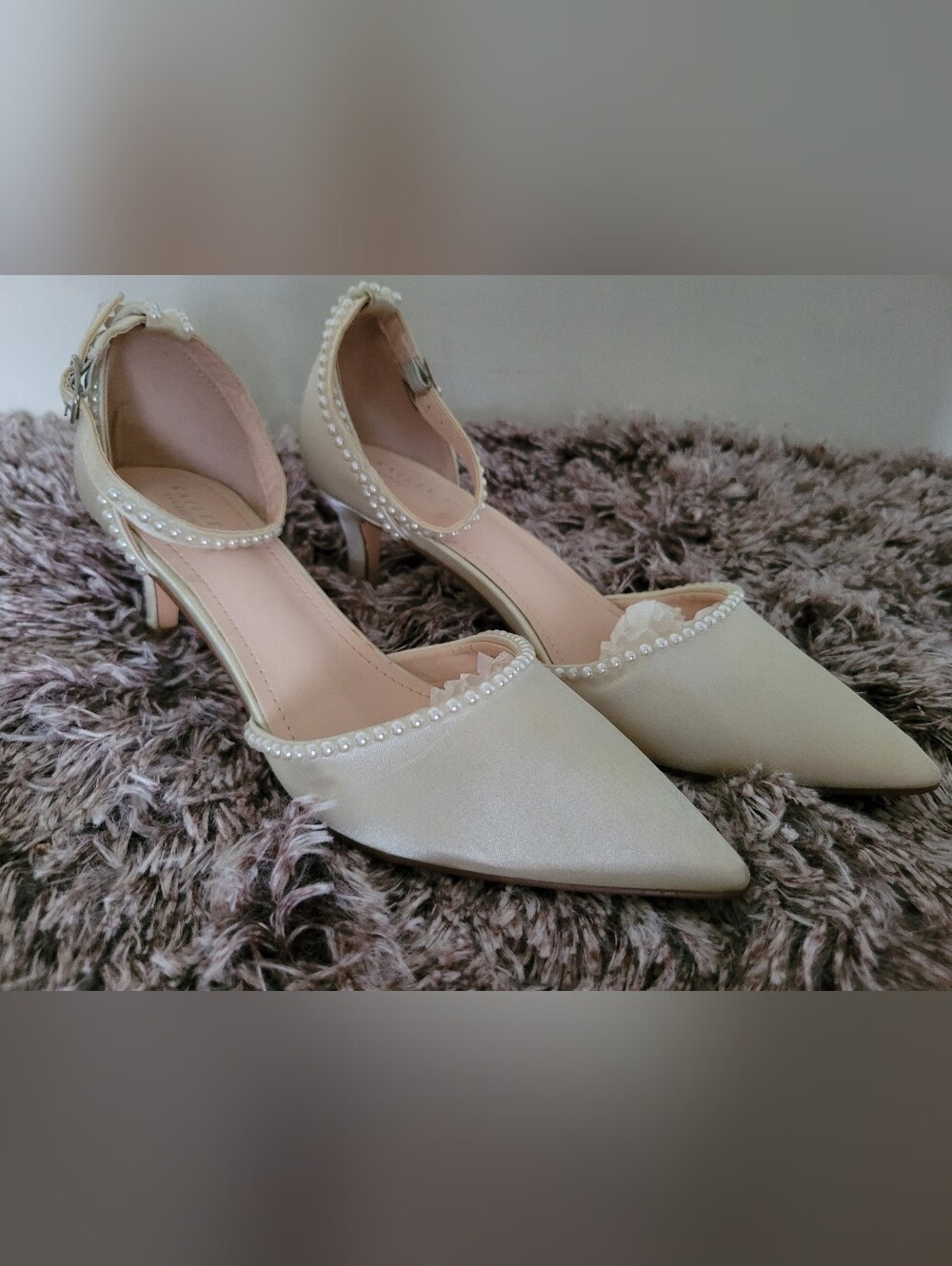 Kailee Pearl-Trim Satin Pointed Toe Ankle Strap Heels - Ivory